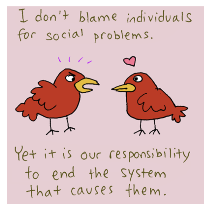 An illustration of two red birds, one is annoyed and the other observes calmly with a heart above its head. Text reads: I don't blame individuals for social problems. Yet it is our responsibility to end the system that causes them.